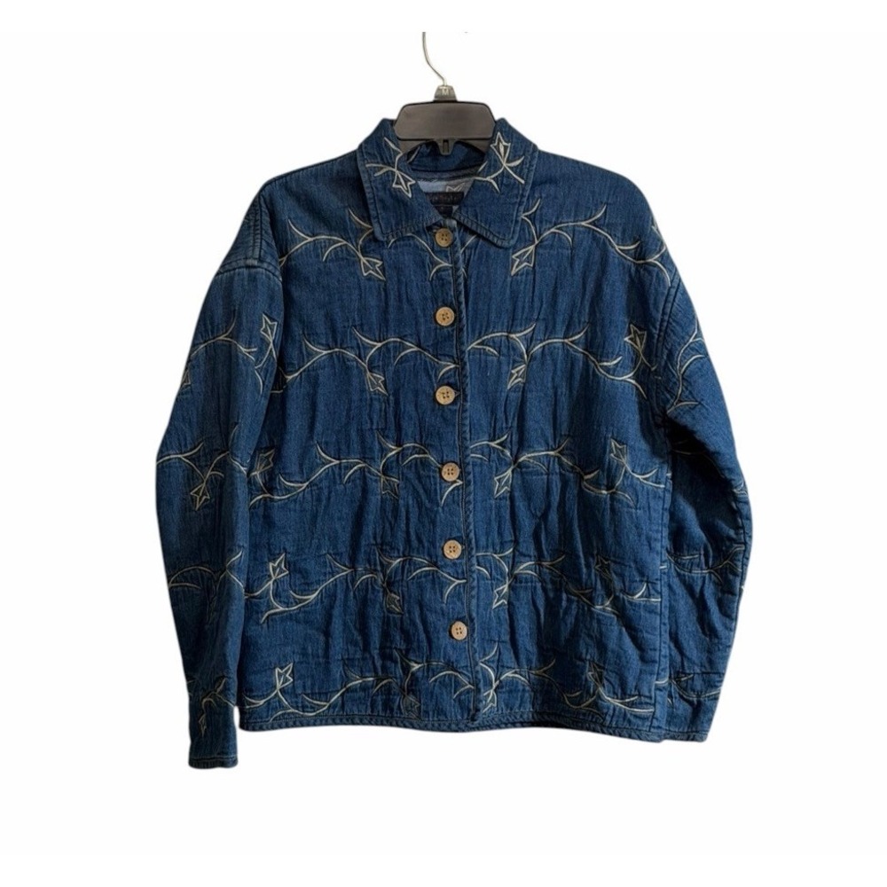 Life Style Med Blue Denim Embroidered Leaf Button Front Jacket 90's Cottagecore